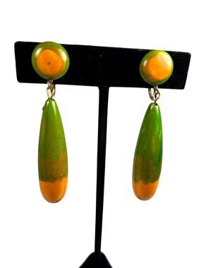 Vintage Mod Green Orange Lucite Dangle Earrings Clip On Retro 60s Statement
